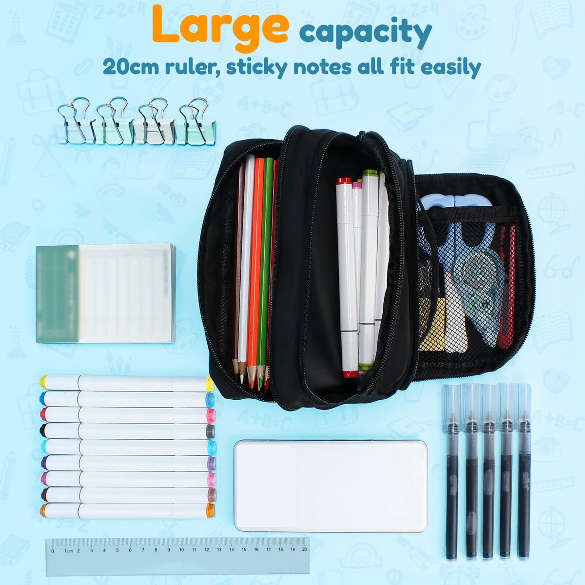 Large black pencil case with 3 compartments for school and office