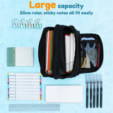 Large black pencil case with 3 compartments for school and office