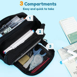 Large black pencil case with 3 compartments for school and office - 45-Degree Angle