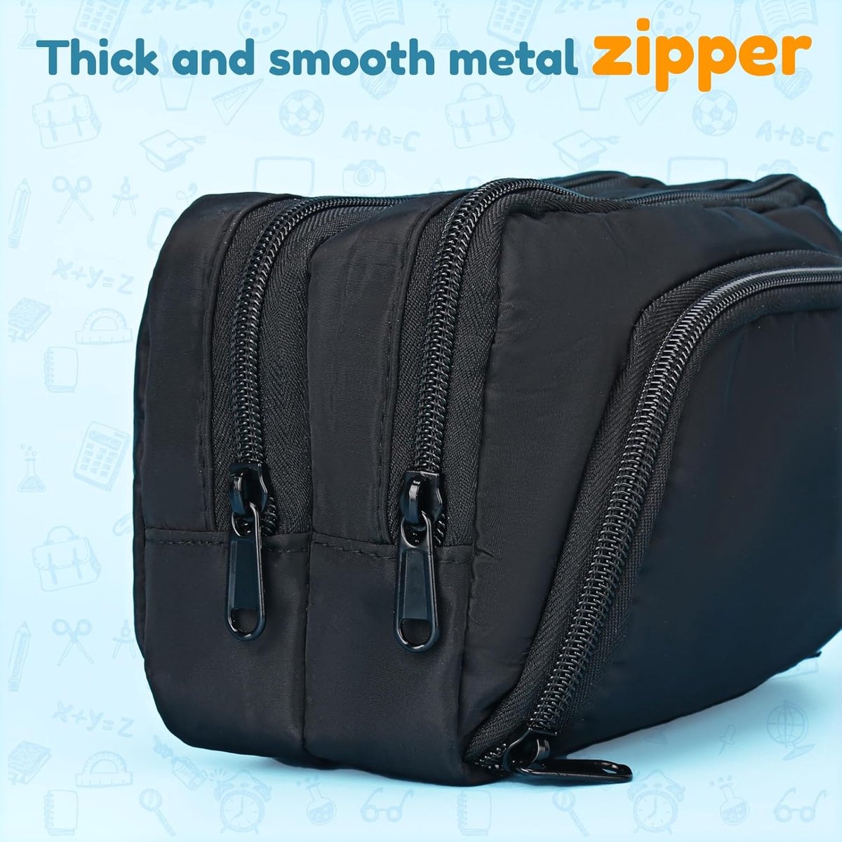 Large black pencil case with 3 compartments for school and office