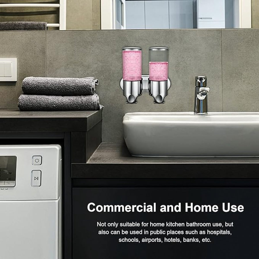 Soap dispenser - silver - 2 reservoirs - 2 x 500ml - wall-mounted - soap pump - soap holder - bathroom and sink - shampoo dispenser