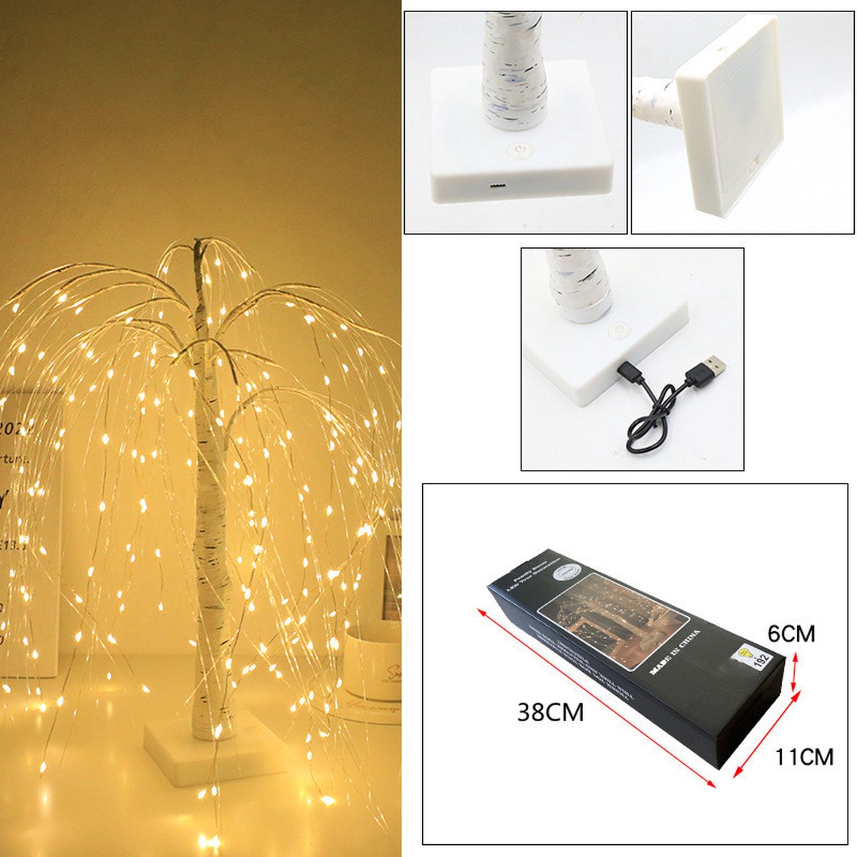 Elegant 50cm tall LED willow lamp with 7 modes - for living room and bedroom - Dual Power (USB and battery), warm white ambient light, Design - white