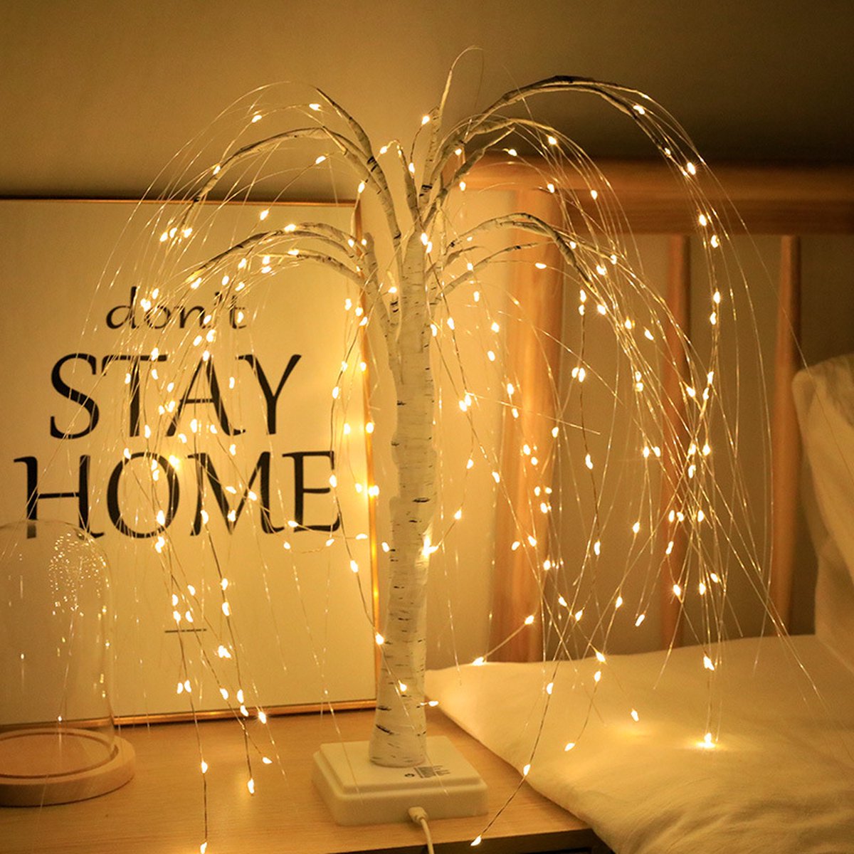 Elegant 50cm tall LED willow lamp with 7 modes - for living room and bedroom - Dual Power (USB and battery), warm white ambient light, Design - white