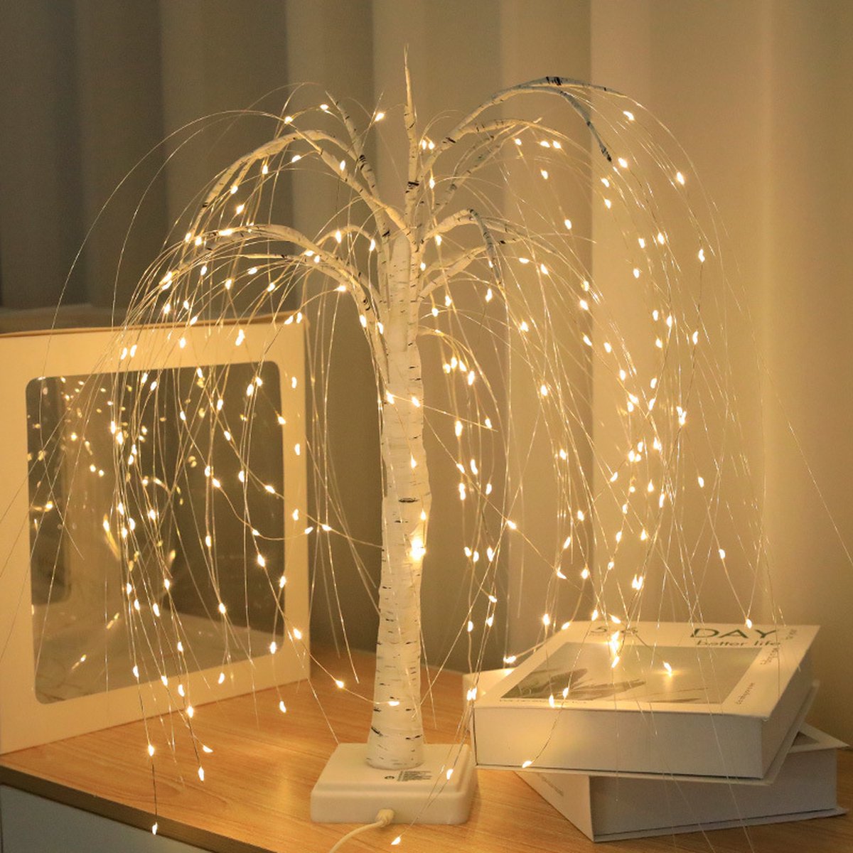 Elegant 50cm tall LED willow lamp with 7 modes - for living room and bedroom - Dual Power (USB and battery), warm white ambient light, Design - white