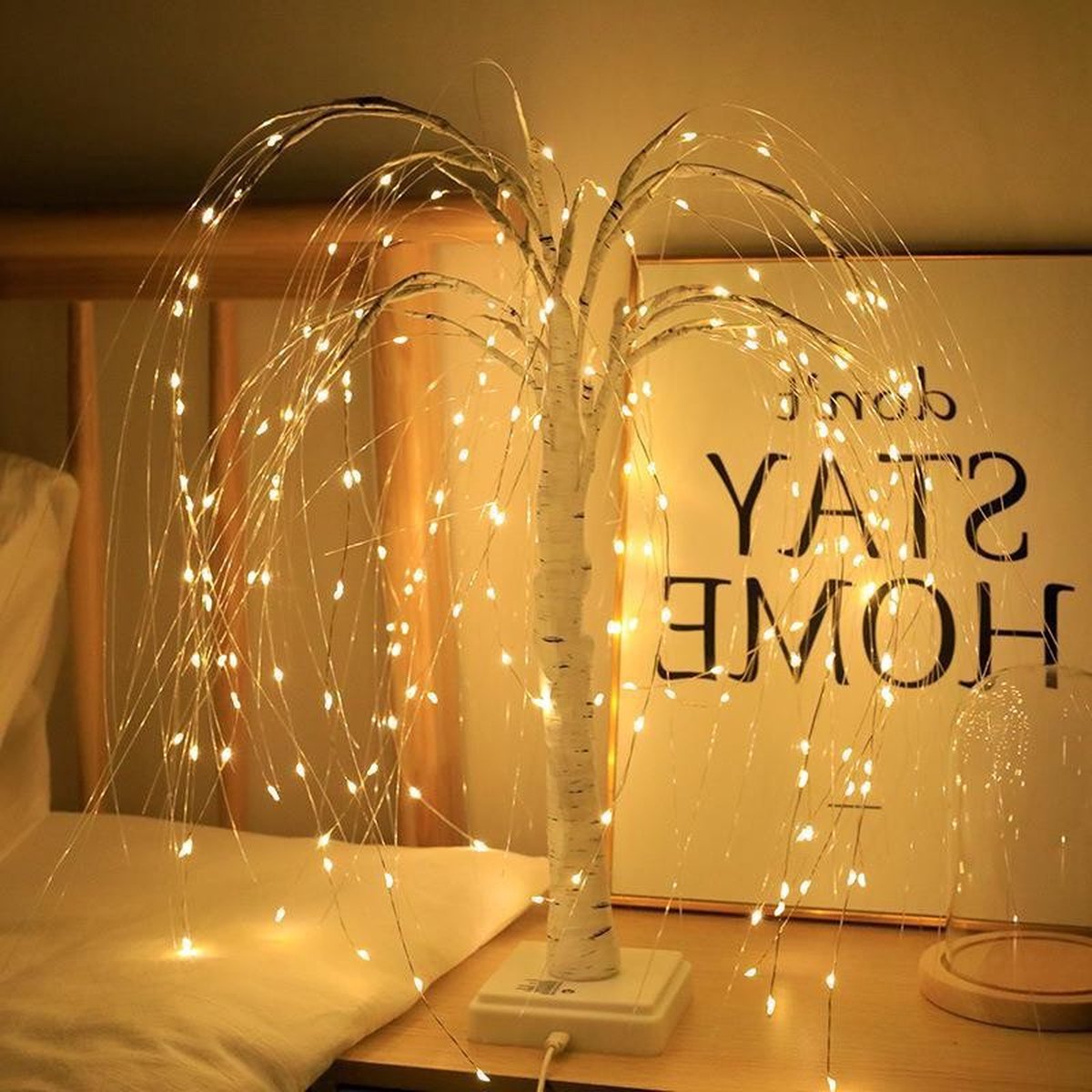 Elegant 50cm tall LED willow lamp with 7 modes - for living room and bedroom - Dual Power (USB and battery), warm white ambient light, Design - white