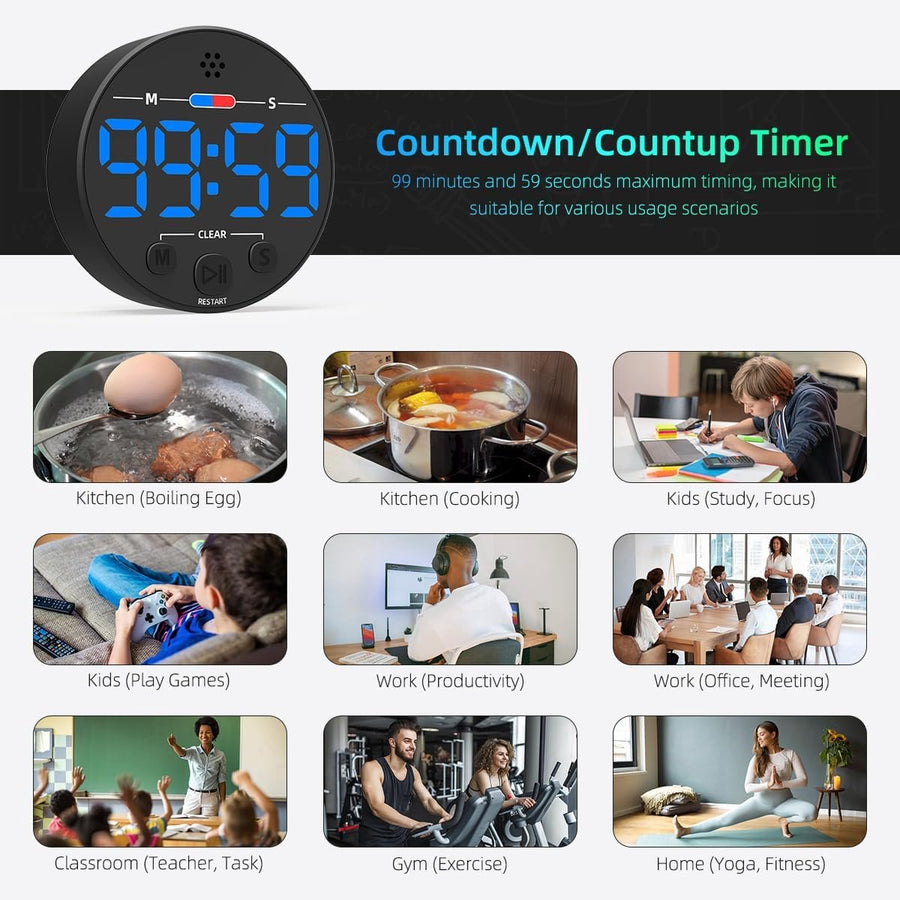 Digital Timer - Digital Kitchen Timer - Smart Timer - LED Display - Magnetic - Addition/Subtraction - Learn to Tell Time - Analog Kitchen Timer - Black
