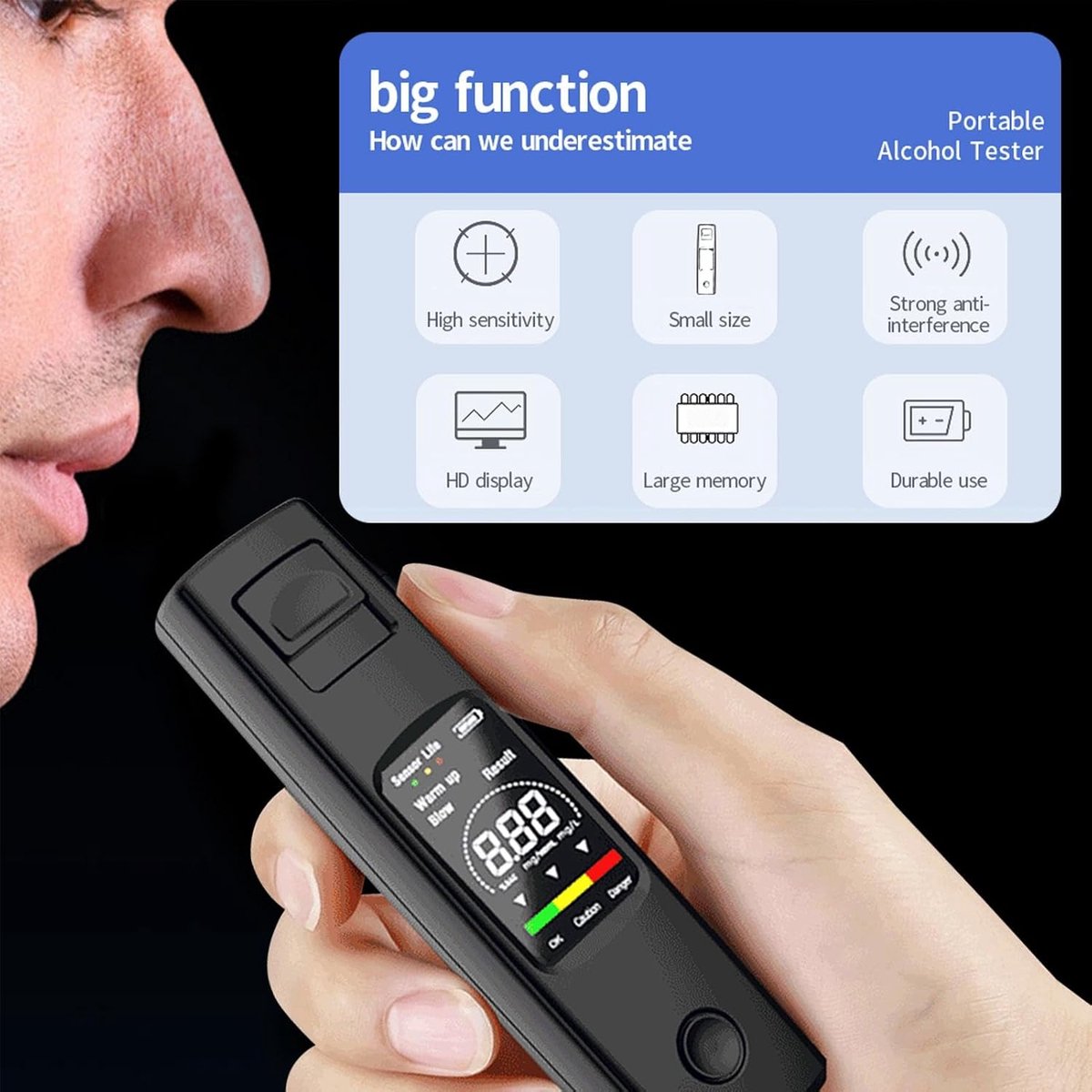 Digital Breathalyzer - Portable Breathalyzer - Rechargeable Breathalyzer - High-Precision Breathalyzer - Portable Digital Breathalyzer - Rapid Breathalyzer - Professional Breathalyzer - 10 x 2.8 cm / 3.94 x 1.1 in - For personal and family use