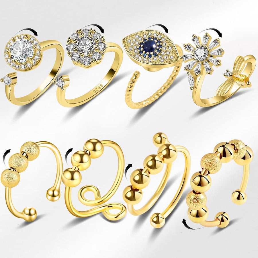 8 pcs Adjustable Antistress Ring with Rotating Beads, Gold, Compatible with Fidget Spinner Rings