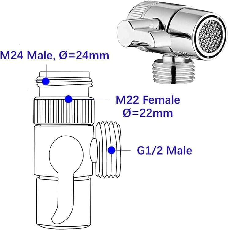 Kitchen Faucet Diverter Valve with Skimmer T-pipe Adapter for Hand Shower, Compatible with M22 M24 G1/2 Connections