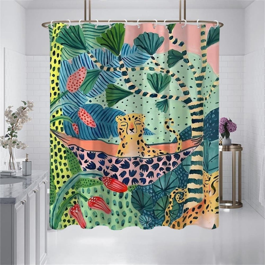 Jungle Leopard Shower Curtain Waterproof Bohemian Bathroom Decor with 12 Hooks, 180x180cm