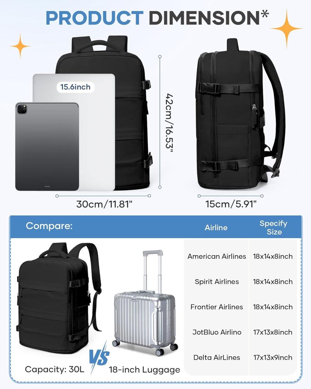 Travel Backpack 42 x 30 x 20 cm, Black, Cabin Bag with Dry and Wet Sorting