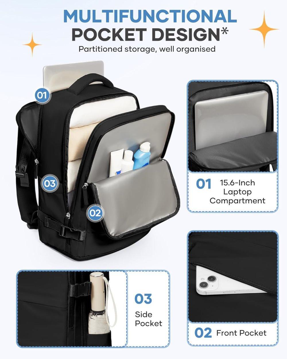 Travel Backpack 42 x 30 x 20 cm, Black, Cabin Bag with Dry and Wet Sorting