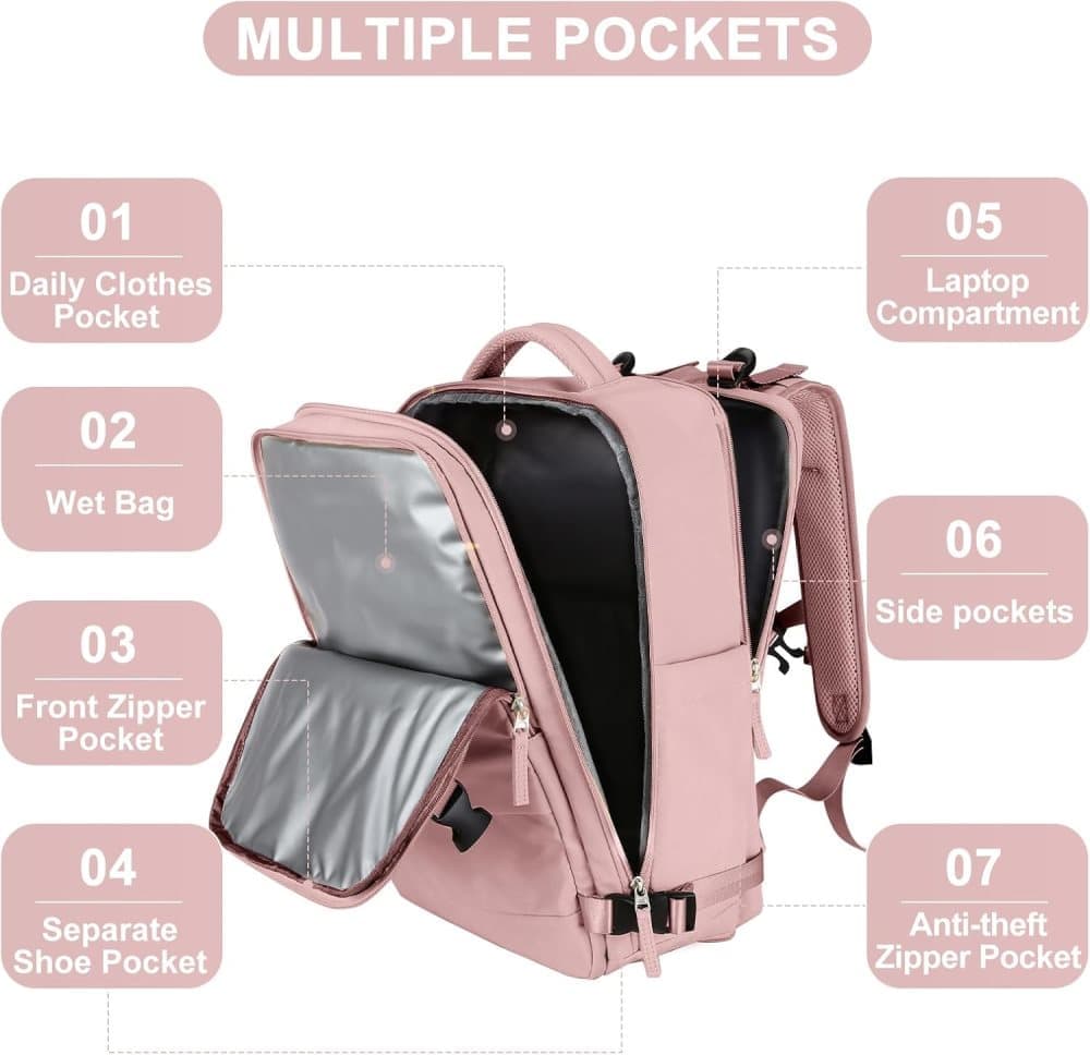 42L Travel Backpack Cabin Bag Hand Luggage Flight with Dry Wet Sorting, 42 x 30 x 20 cm, Pink