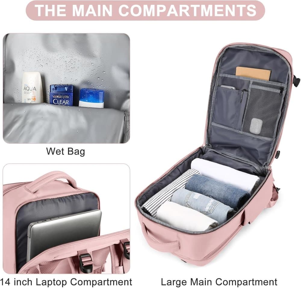 42L Travel Backpack Cabin Bag Hand Luggage Flight with Dry Wet Sorting, 42 x 30 x 20 cm, Pink