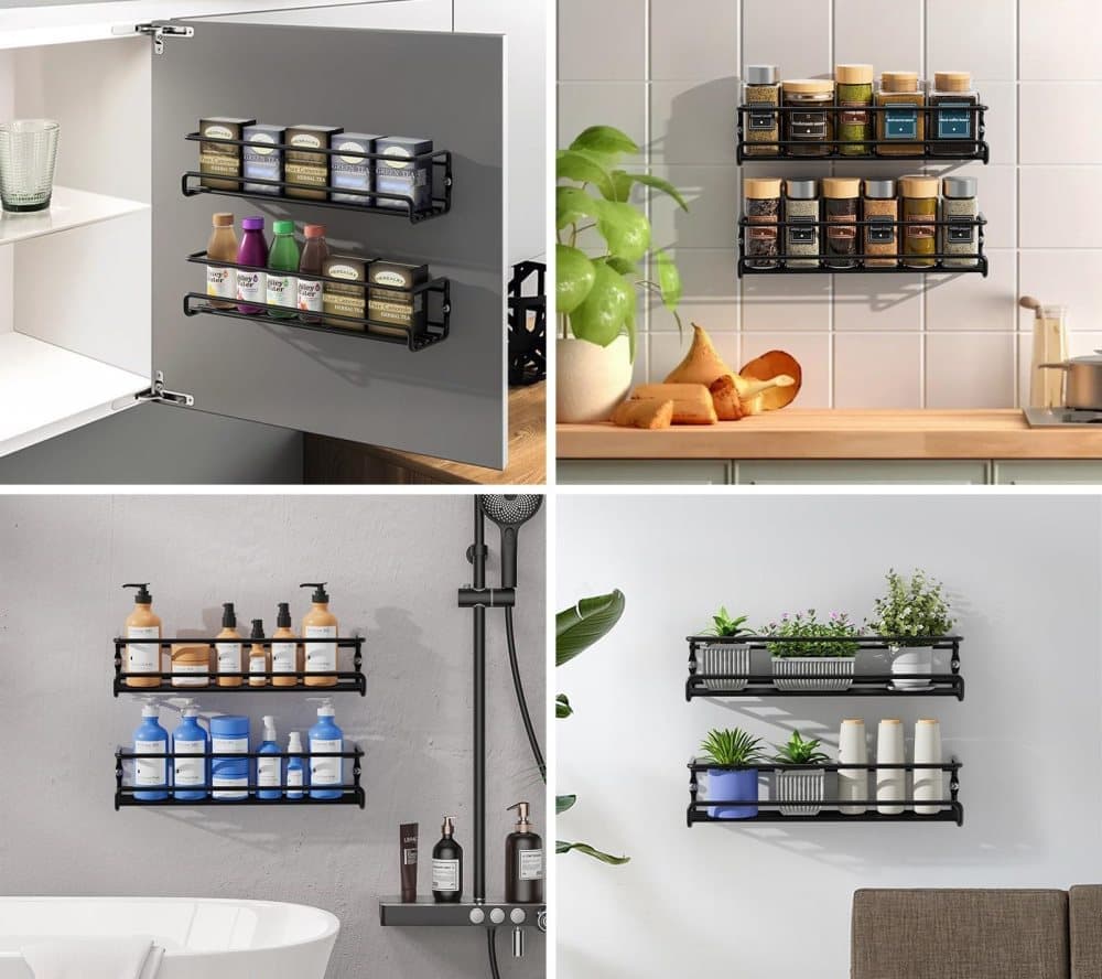 2-Piece Stainless Steel Spice Rack Wall Mounted Organizer, Black, 12.6 x 3.9 x 2.4 inches