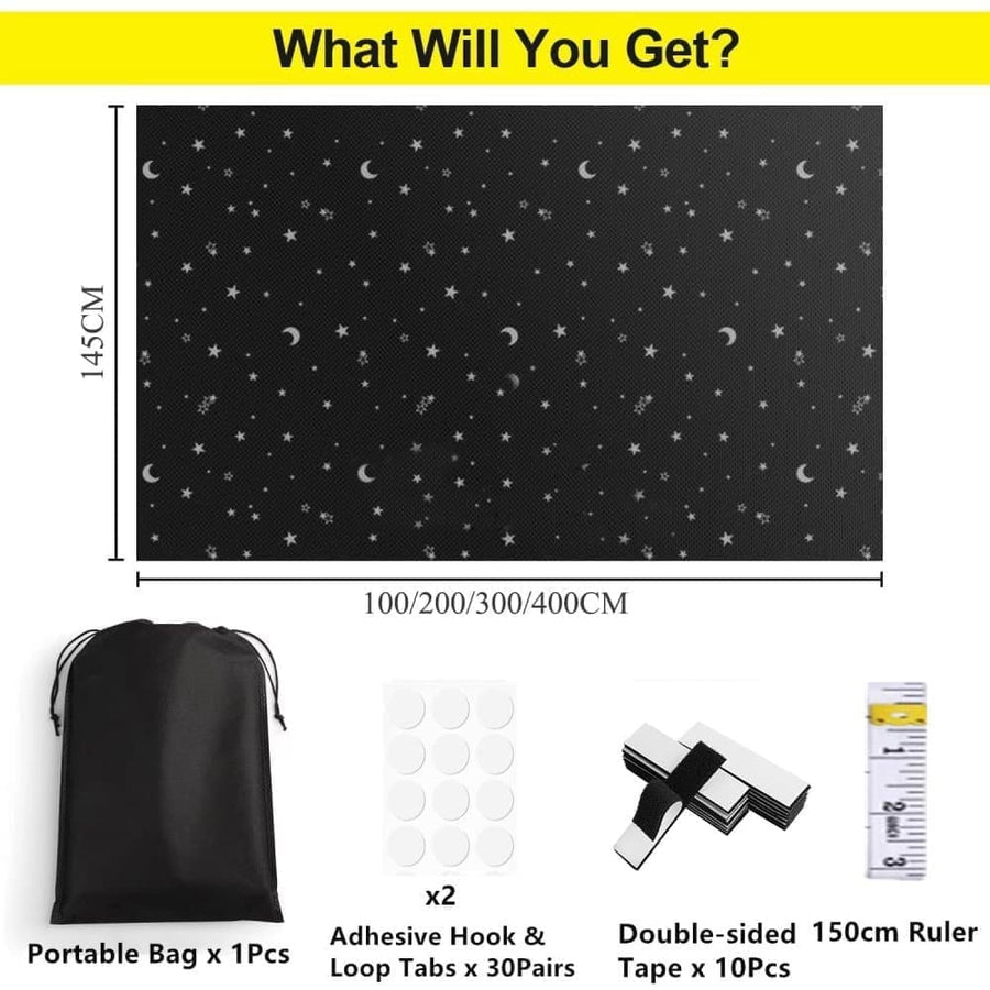 Blackout Curtain DIY Portable No-Drill UV Protection, Star and Moon Print, 145×100cm