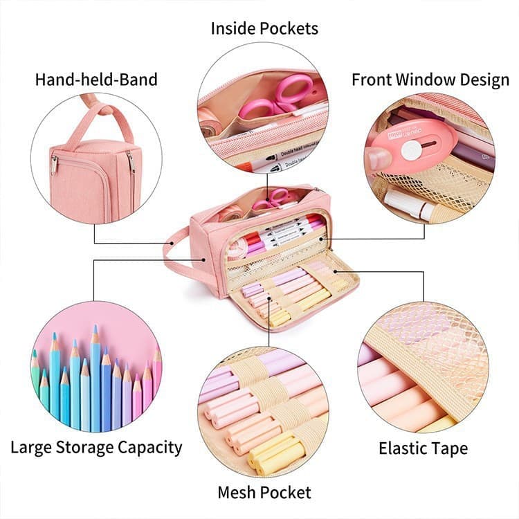 Large Capacity Pencil Case 4 Compartments, Black, Pink, Green, for School Travel, with 4 Compartments