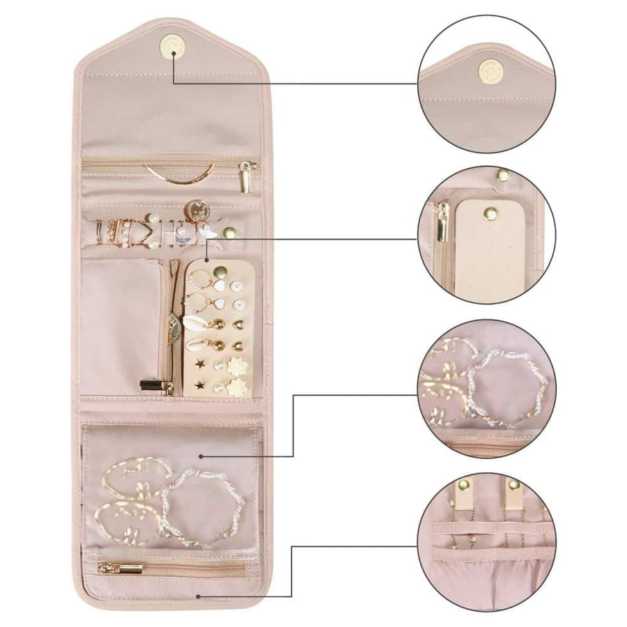 Pink Travel Jewelry Box with Compartments, 15cm, Compact Jewelry Storage Bag Easy to Carry in Your Bag