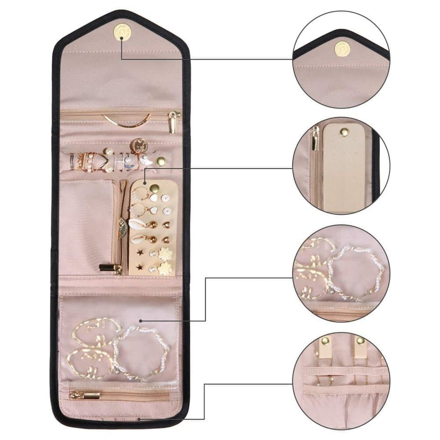 Travel Jewelry Box Compact Jewelry Storage Bag with Compartments for Easy Carry, 15cm, Black