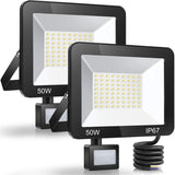 2 Pack LED Floodlight with Motion Sensor, 50W 5000LM 7000K Cool White, IP67 Waterproof
