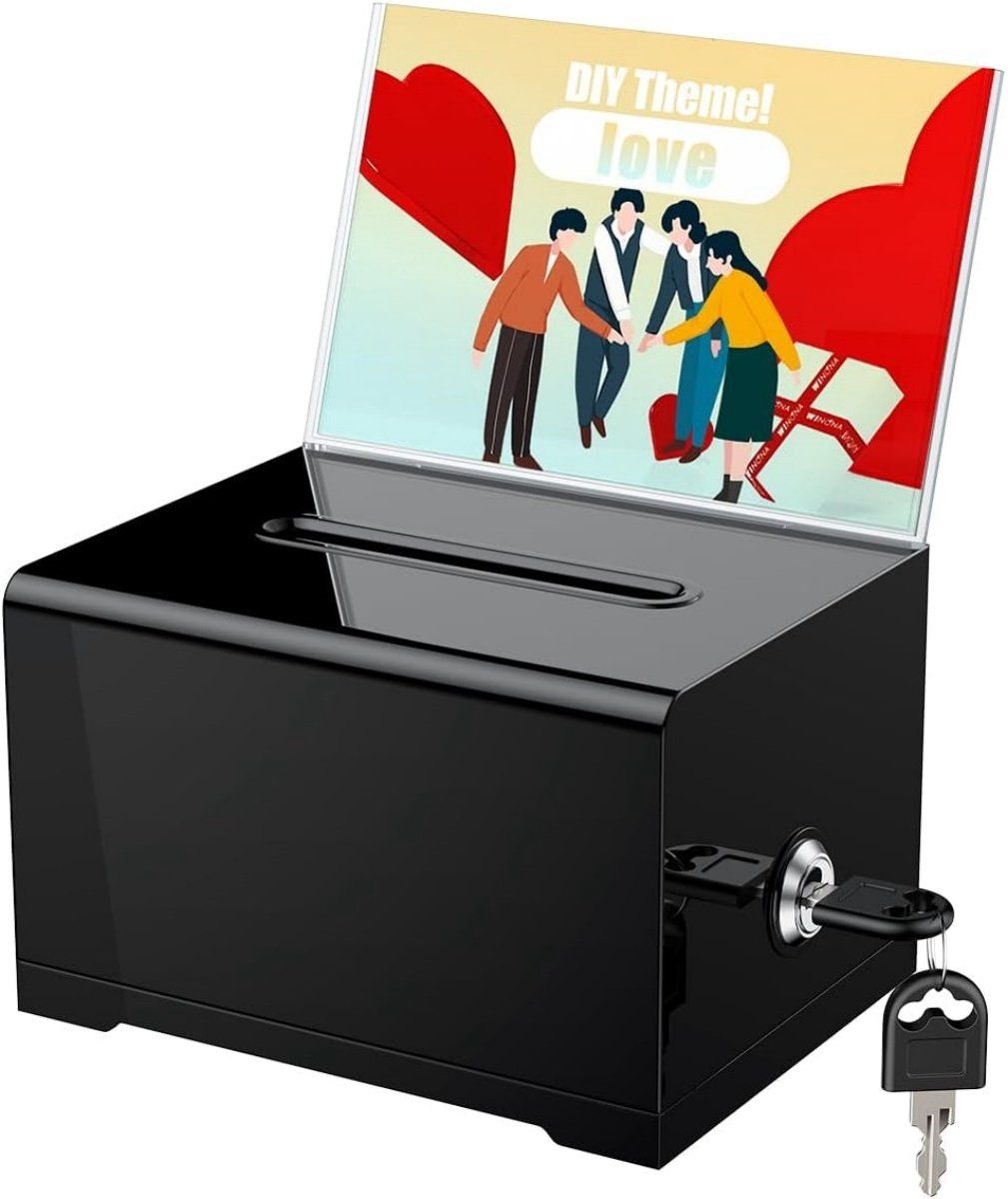 Black Acrylic Donation Box with Lock, Ballot Slot and Removable Sign Holder, 15.7 x 11.5 x 10.2 cm