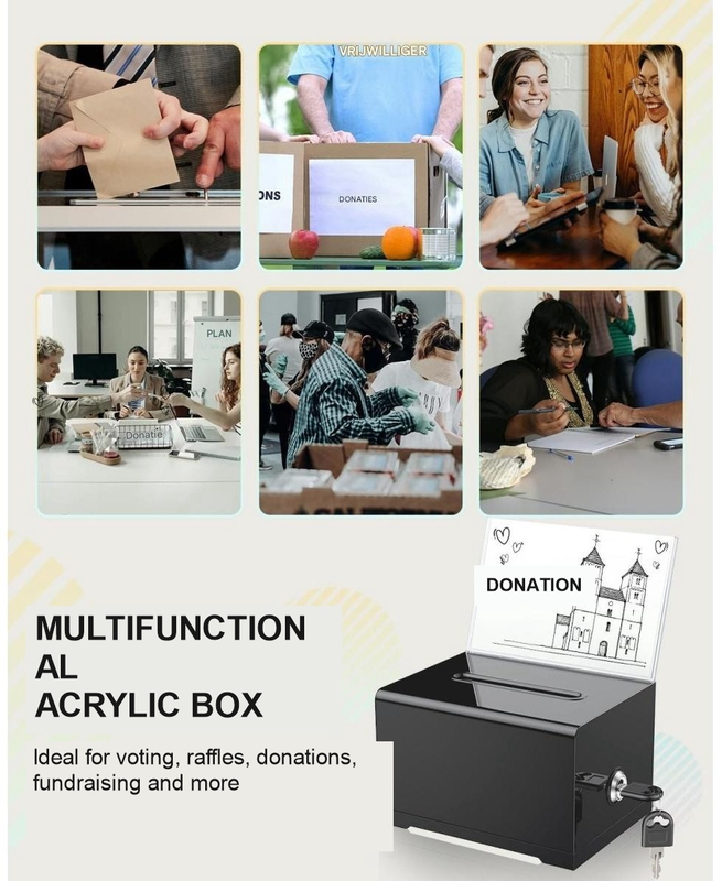 Black Acrylic Donation Box with Lock, Ballot Slot and Removable Sign Holder, 15.7 x 11.5 x 10.2 cm
