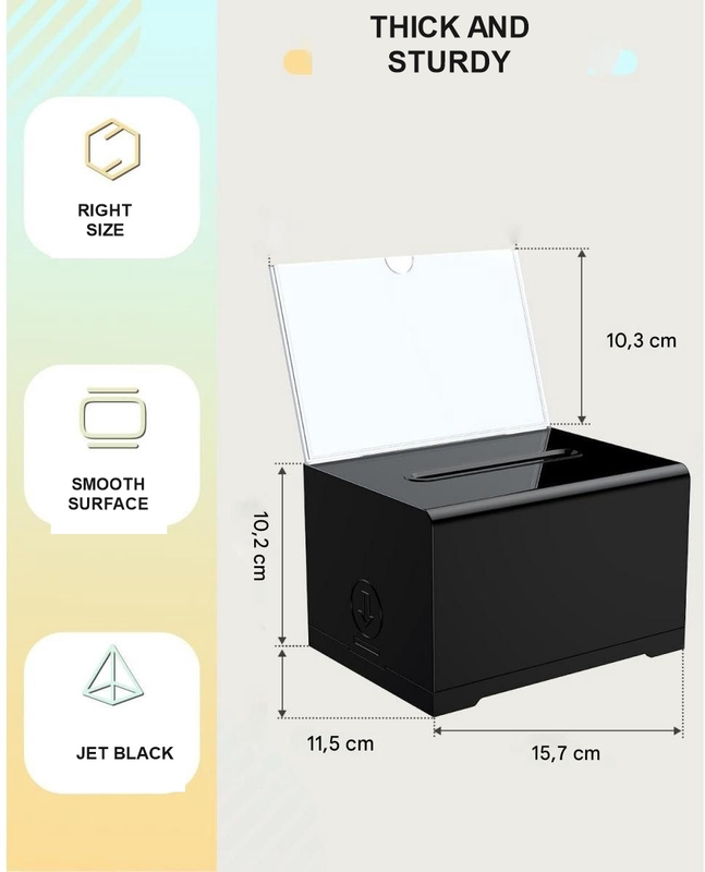 Black Acrylic Donation Box with Lock, Ballot Slot and Removable Sign Holder, 15.7 x 11.5 x 10.2 cm