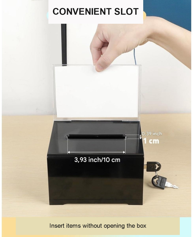 Black Acrylic Donation Box with Lock, Ballot Slot and Removable Sign Holder, 15.7 x 11.5 x 10.2 cm