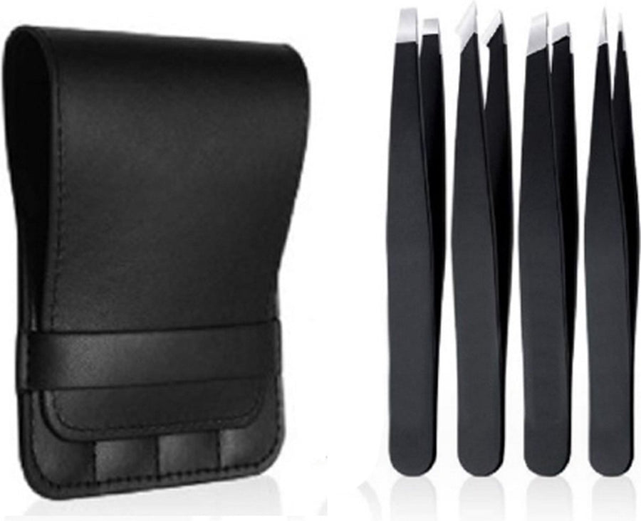 Eyebrow Plucking Tweezers Set | 4-Piece | Tweezers | With Luxury Storage Case | Black