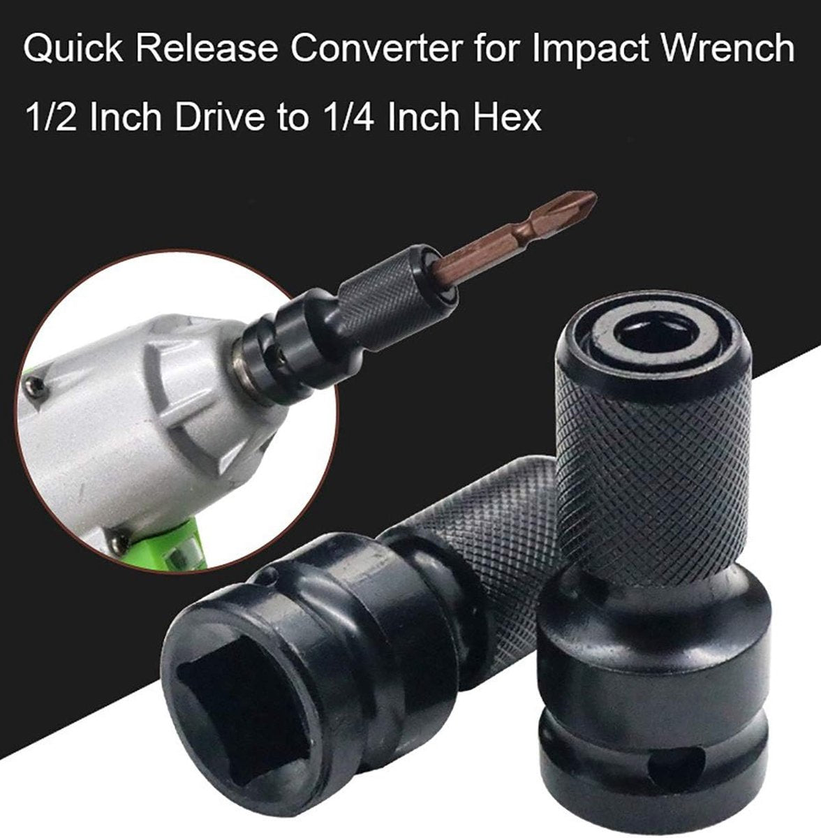 2-Pack Screwdriver Adapter - 1/2 inch Square Drive to 1/4 inch Hex Female - Suitable for Impact Air and Electric Wrenches - Black Hardened Steel Connector - Universal Tool Adapter