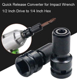 2-Pack Screwdriver Adapter - 1/2 inch Square Drive to 1/4 inch Hex Female - Suitable for Impact Air and Electric Wrenches - Black Hardened Steel Connector - Universal Tool Adapter - Front View