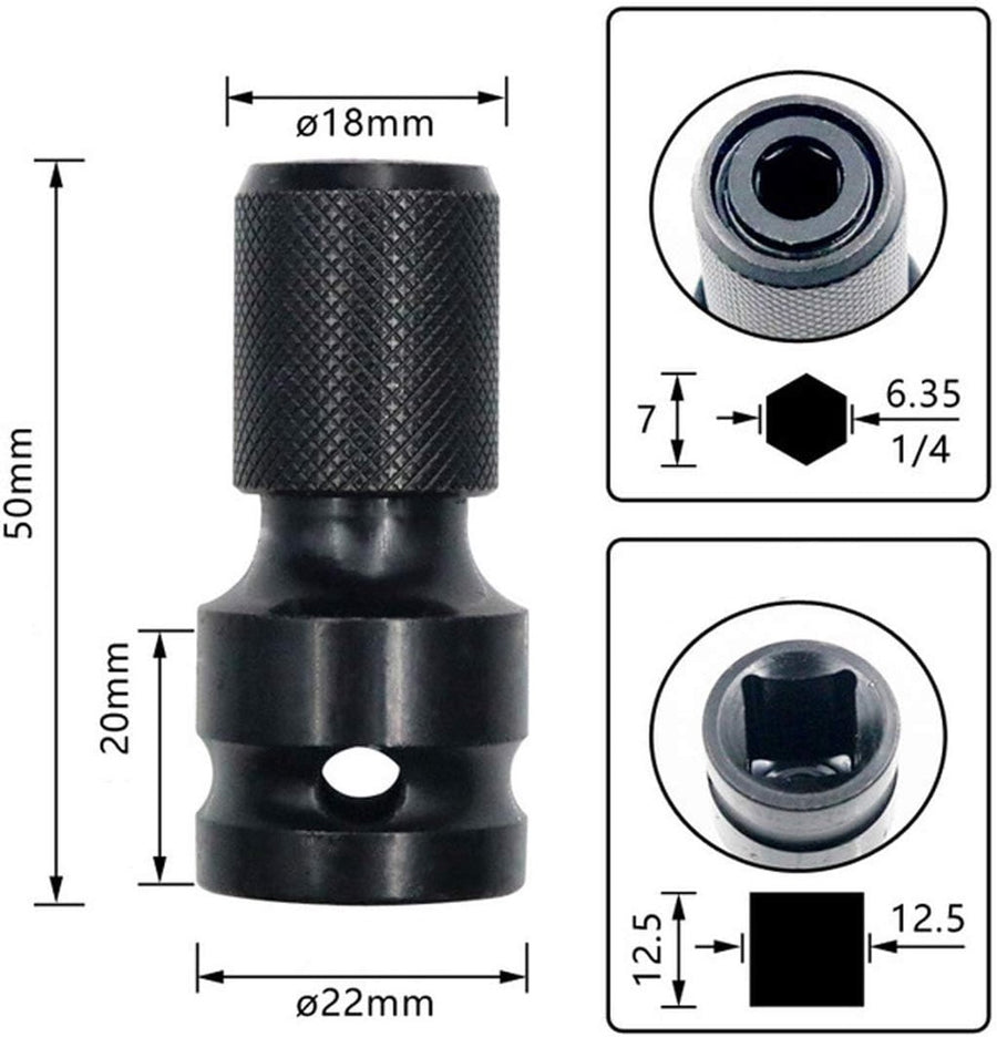 2-Pack Screwdriver Adapter - 1/2 inch Square Drive to 1/4 inch Hex Female - Suitable for Impact Air and Electric Wrenches - Black Hardened Steel Connector - Universal Tool Adapter