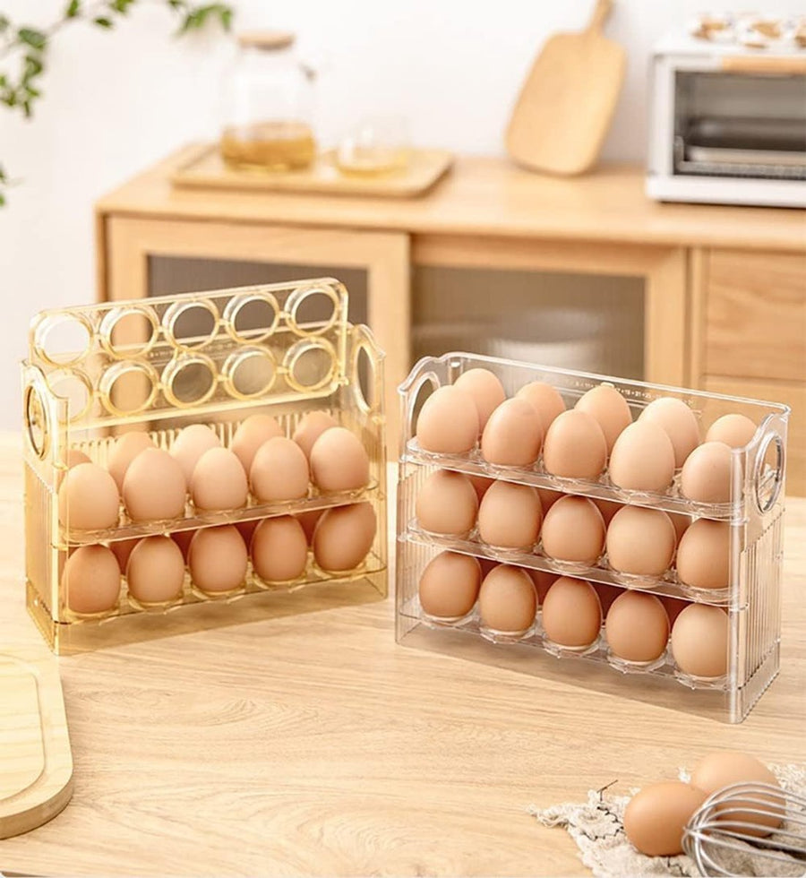 Egg carton - Suitable for 30 eggs - Egg storage box specifically for the refrigerator - Three-layer transparent acrylic egg storage box - Large capacity egg storage box for the countertop - Egg dispenser - Egg rack - 26*10*20 cm - Transparent