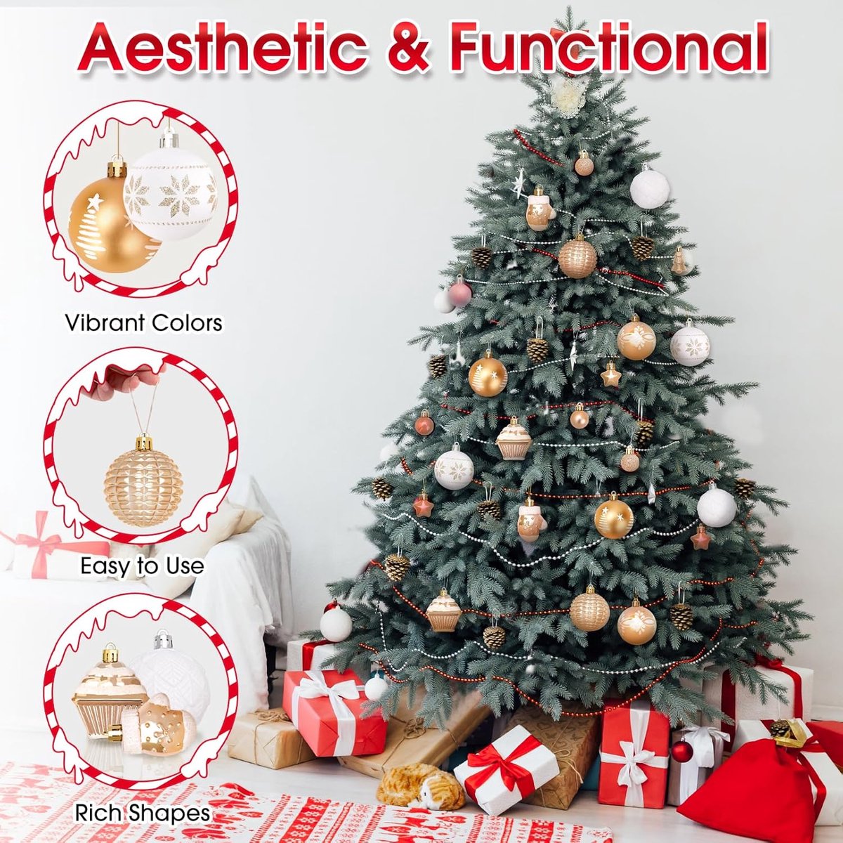 42 Christmas Tree Ornaments - Unbreakable Baubles - Various Styles for Christmas Tree Ornaments - Indoor Christmas Decorations for Home and Parties - Gold and White