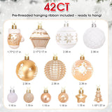 42 Christmas Tree Ornaments - Unbreakable Baubles - Various Styles for Christmas Tree Ornaments - Indoor Christmas Decorations for Home and Parties - Gold and White