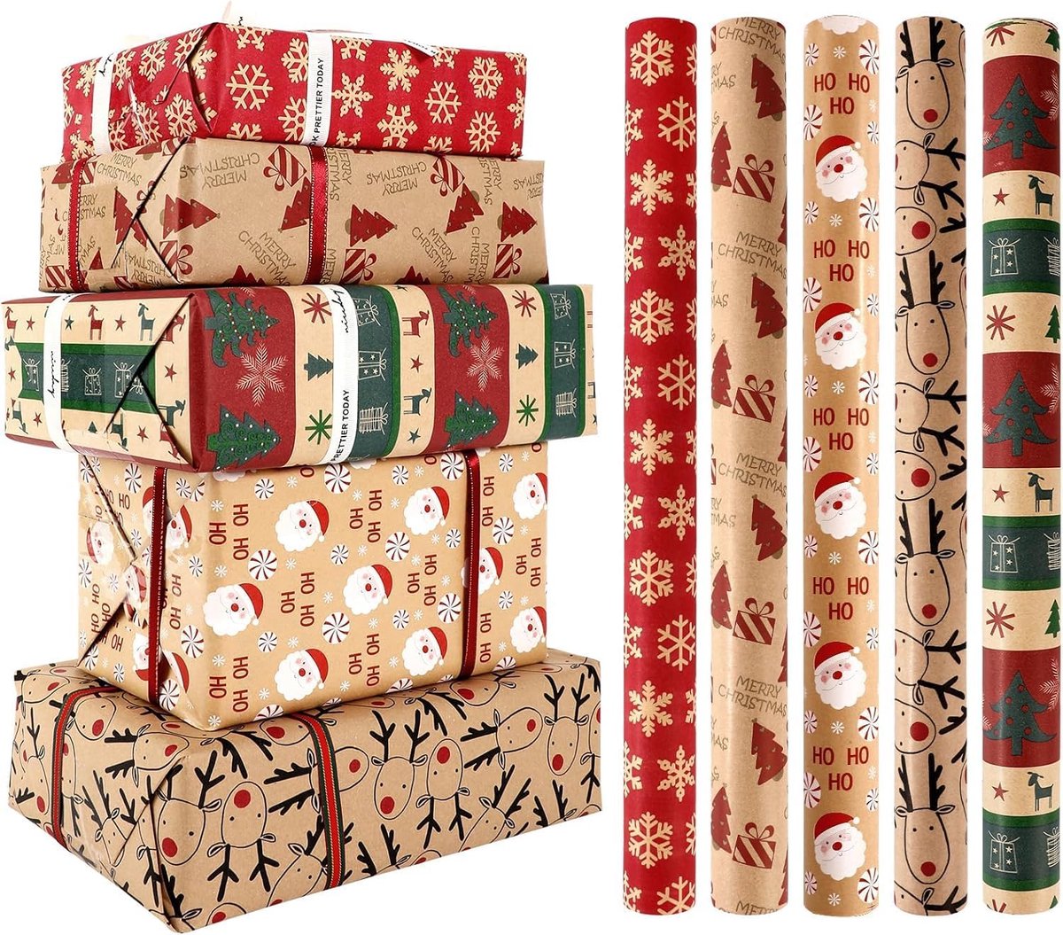 5 Roll Christmas Wrapping Paper - Christmas Wrapping Paper Rolls - Christmas Paper Wrapping Paper For Christmas - 17 inch x 50 Feet Mini Kraft Sheet Set - Christmas Gift Wrapping Paper Small, Merry Christmas Gifts Decoration