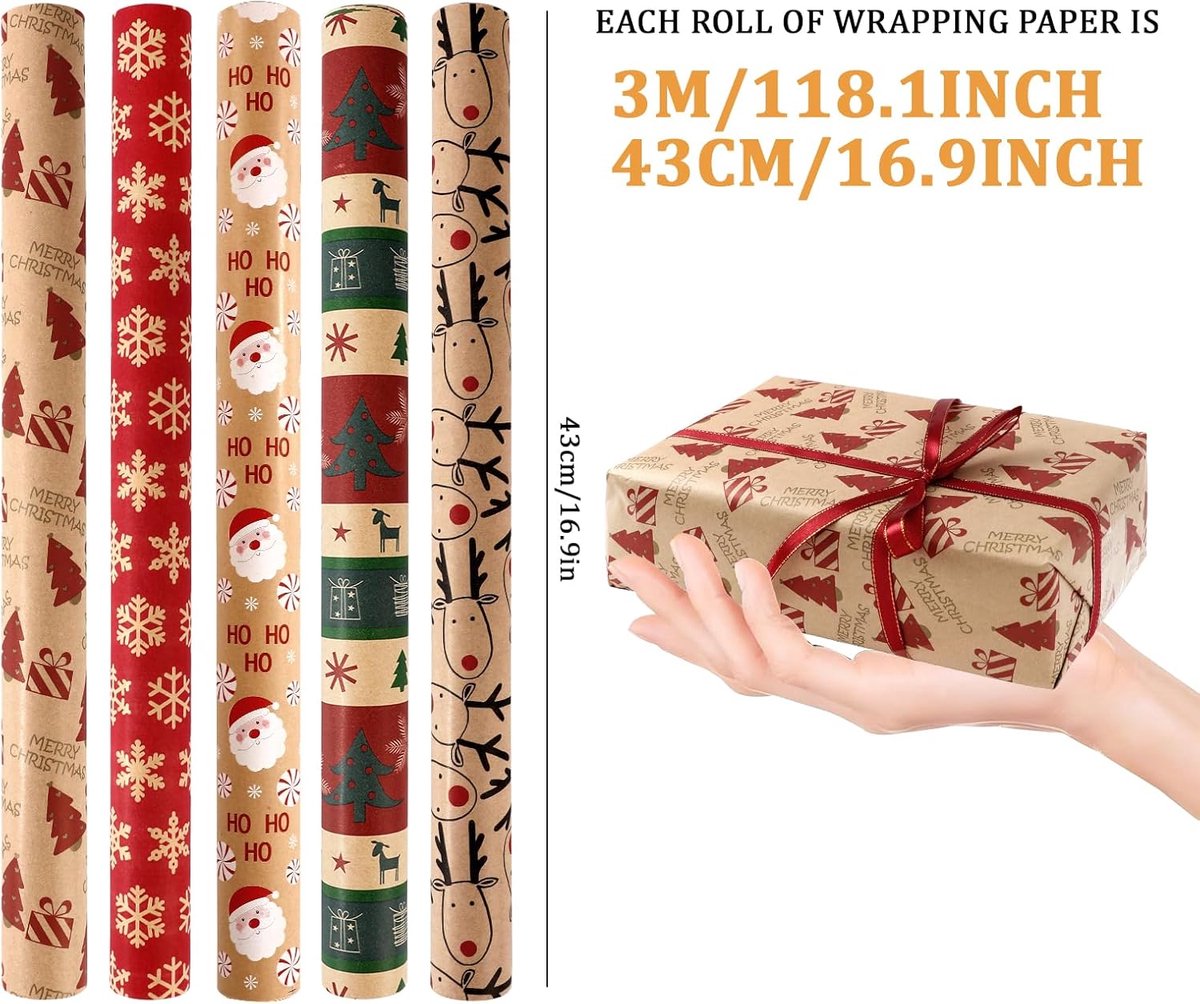 5 Roll Christmas Wrapping Paper - Christmas Wrapping Paper Rolls - Christmas Paper Wrapping Paper For Christmas - 17 inch x 50 Feet Mini Kraft Sheet Set - Christmas Gift Wrapping Paper Small, Merry Christmas Gifts Decoration