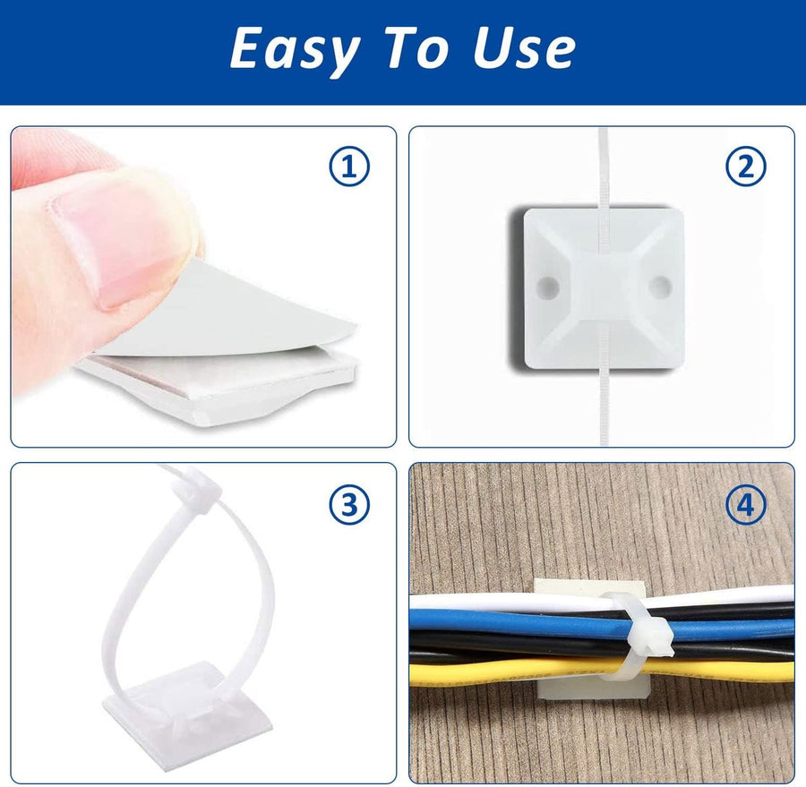 100 pieces 25 mm × 25 mm self-adhesive cable tie base holders (white)