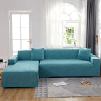 Waterproof sofa cover - Bright blue jacquard leaf pattern - For 4-seater sofa (235-300 cm)