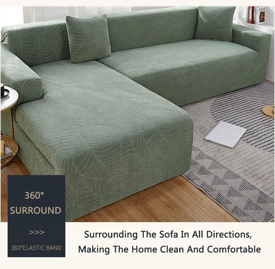 Waterproof sofa cover - Bright blue jacquard leaf pattern - For 4-seater sofa (235-300 cm)