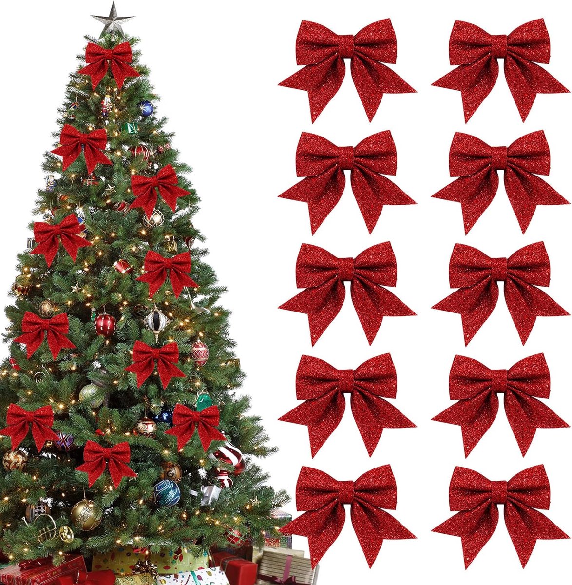 10 Pieces Red Christmas Bows - 12 x 15 cm - Glitter - Christmas Decoration Bows - Christmas Ornaments - Christmas Tree Decoration - Christmas Bows - Christmas Atmosphere - Christmas - For Christmas Party, Christmas Tree, Indoors, Crafts