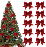 10 Pieces Red Christmas Bows - 12 x 15 cm - Glitter - Christmas Decoration Bows - Christmas Ornaments - Christmas Tree Decoration - Christmas Bows - Christmas Atmosphere - Christmas - For Christmas Party, Christmas Tree, Indoors, Crafts