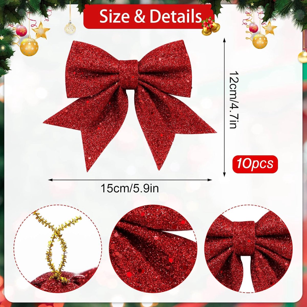 10 Pieces Red Christmas Bows - 12 x 15 cm - Glitter - Christmas Decoration Bows - Christmas Ornaments - Christmas Tree Decoration - Christmas Bows - Christmas Atmosphere - Christmas - For Christmas Party, Christmas Tree, Indoors, Crafts