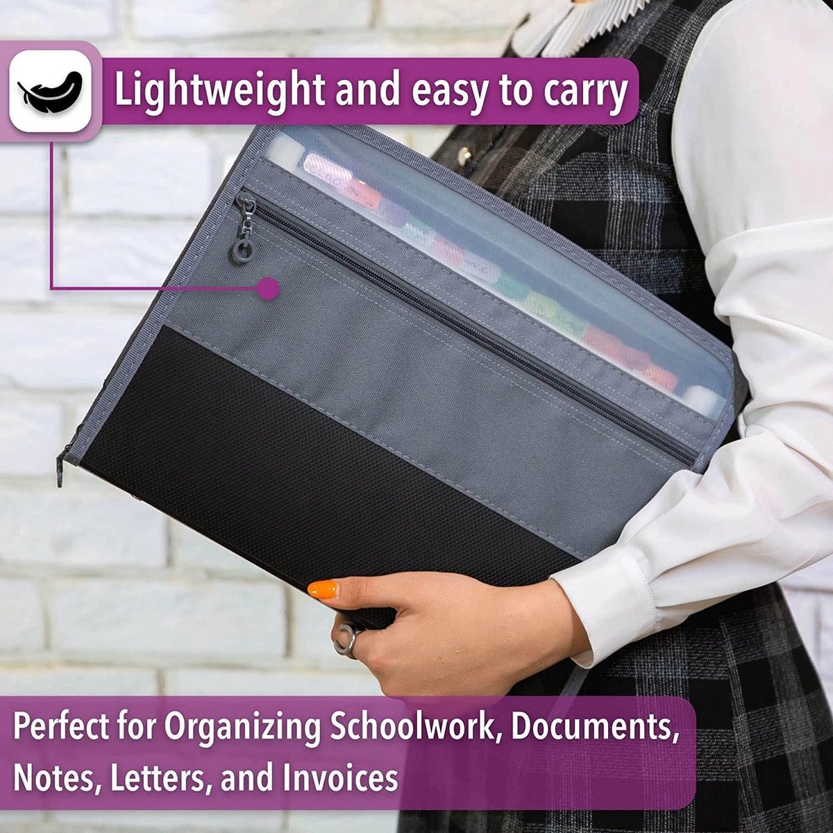 Project Folder - A4 - Foldable File Folder with Tabs - 13 Compartments - Storage Folder/Sorting Folder - Compartment Folder - Durable Plastic Document Folder - Writing Folder with Zipper - Conference Folder - Work Folder - Document Folder - Black - Portab