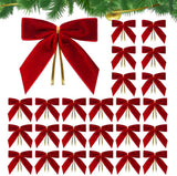 24 Piece Velvet Christmas Bows - Glitter - Christmas Decoration Bows - Christmas Ornaments - Christmas Tree Decoration - Christmas Bows - Christmas Atmosphere - Christmas - 3.5 x 3.5 inches - For Christmas Party, Christmas Tree, Indoors, Crafts - Red