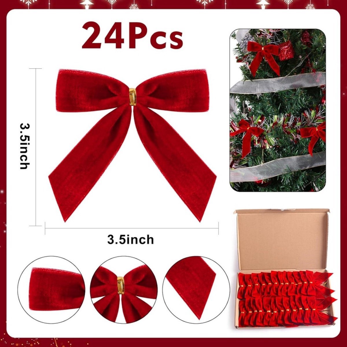 24 Piece Velvet Christmas Bows - Glitter - Christmas Decoration Bows - Christmas Ornaments - Christmas Tree Decoration - Christmas Bows - Christmas Atmosphere - Christmas - 3.5 x 3.5 inches - For Christmas Party, Christmas Tree, Indoors, Crafts - Red