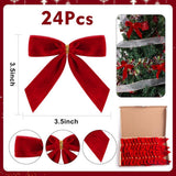 24 Piece Velvet Christmas Bows - Glitter - Christmas Decoration Bows - Christmas Ornaments - Christmas Tree Decoration - Christmas Bows - Christmas Atmosphere - Christmas - 3.5 x 3.5 inches - For Christmas Party, Christmas Tree, Indoors, Crafts - Red