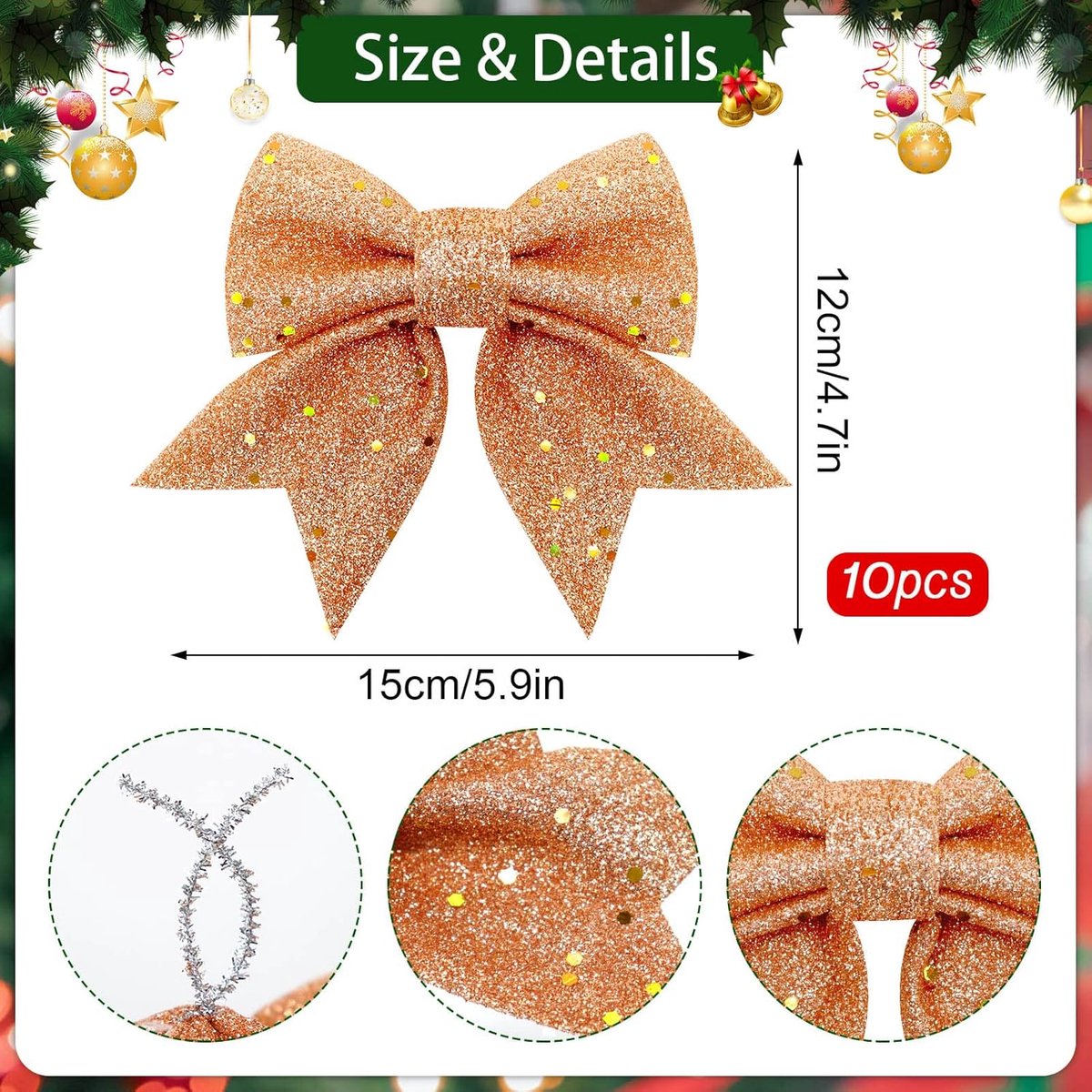 10 Gold Christmas Bows - 12 x 15 cm - Glitter - Christmas Decoration Bows - Christmas Ornaments - Christmas Tree Decoration - Christmas Bows - Christmas Atmosphere - Christmas - For Christmas Party, Christmas Tree, Indoors, Crafts