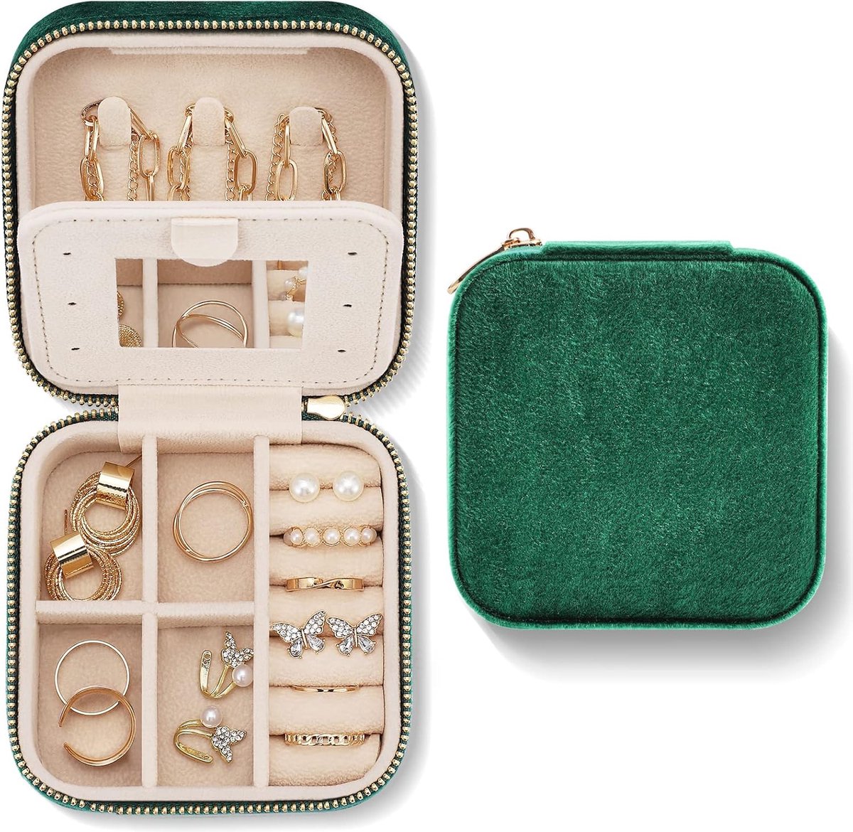 Mini Jewelry Box - Luxury Jewelry Box - With Mirror - Jewelry Box - Flannel - Jewelry Holder - Jewelry Storage Box - Bijouterie Box - Zipper - Travel - Traveling - Women/Girls - Green - Gift For Her - Soft Protection