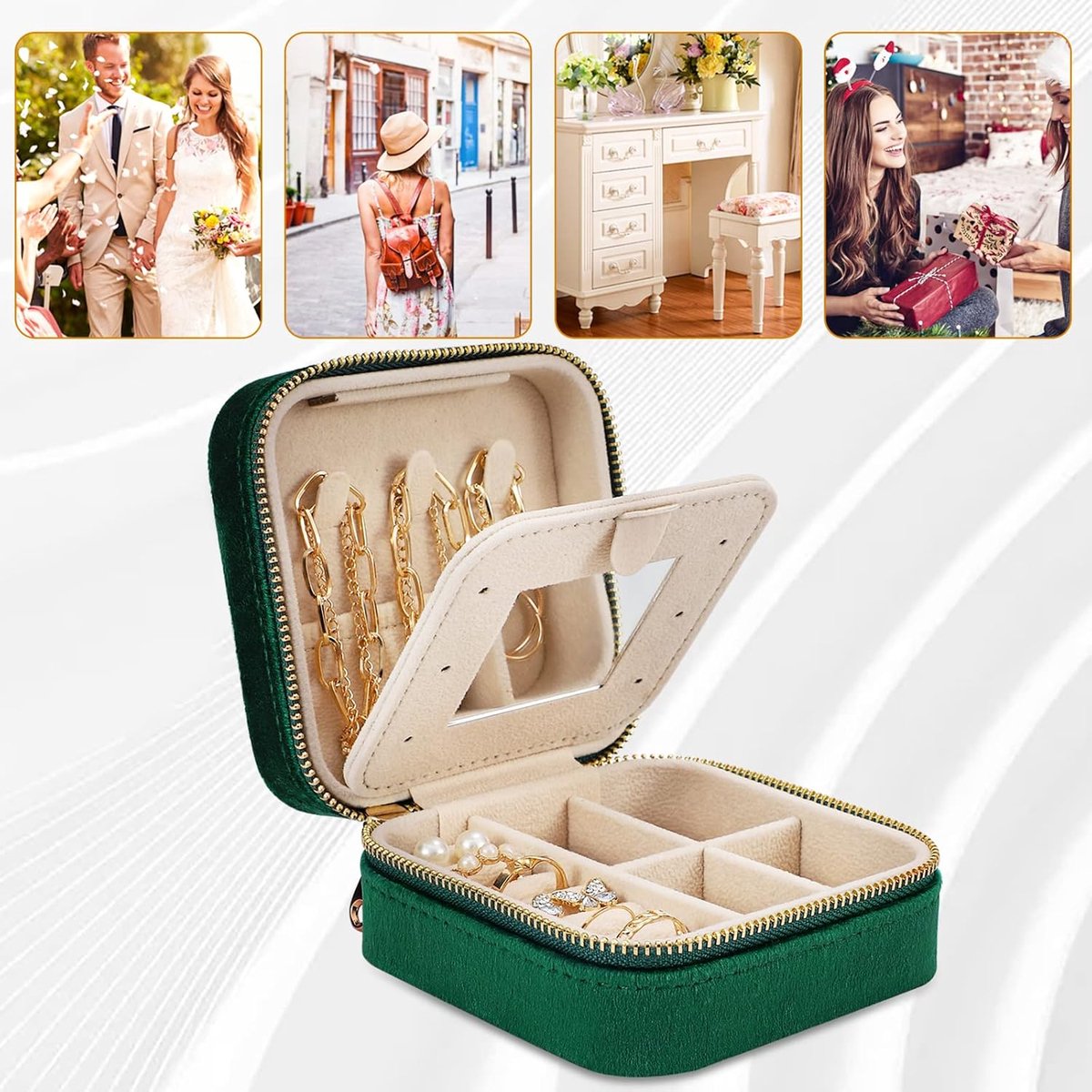 Mini Jewelry Box - Luxury Jewelry Box - With Mirror - Jewelry Box - Flannel - Jewelry Holder - Jewelry Storage Box - Bijouterie Box - Zipper - Travel - Traveling - Women/Girls - Green - Gift For Her - Soft Protection